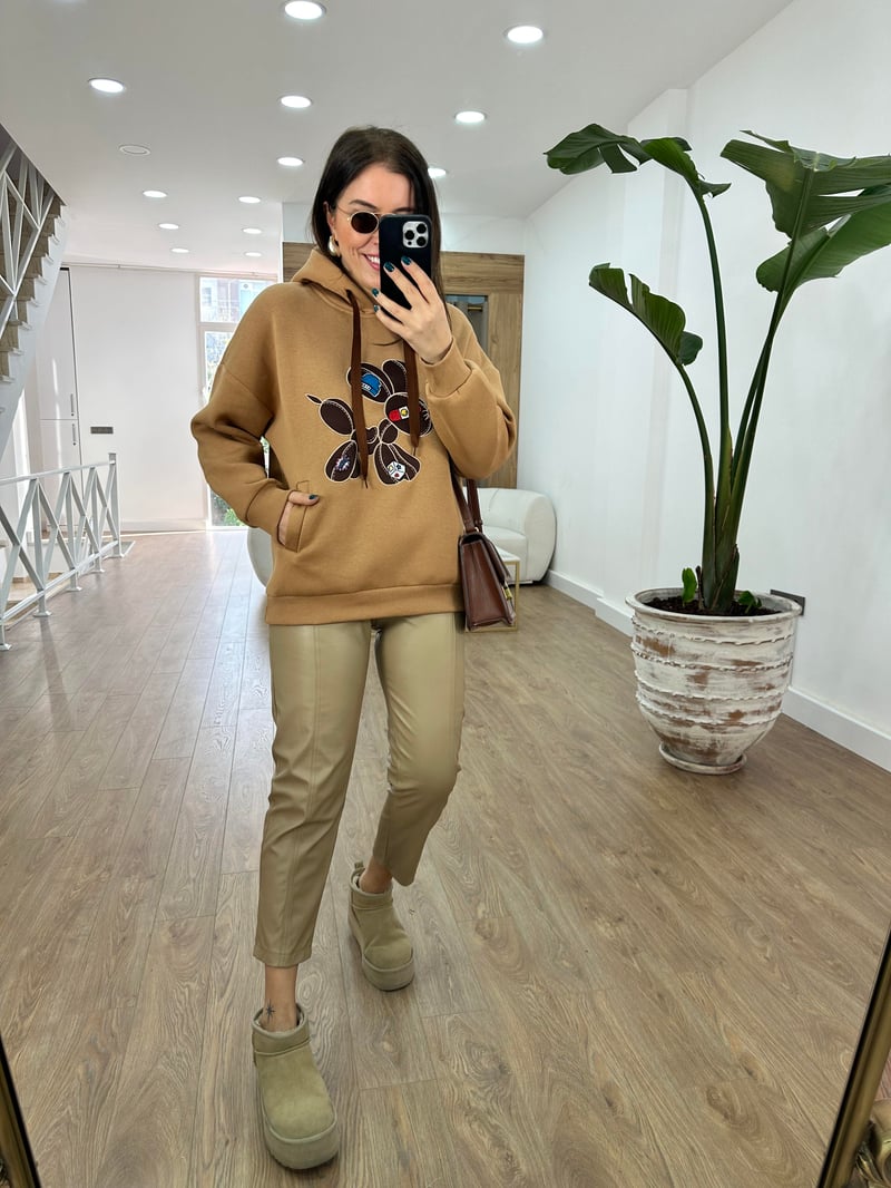 Marka Model Nakış Detaylı Sweatshirt-Kahverengi
