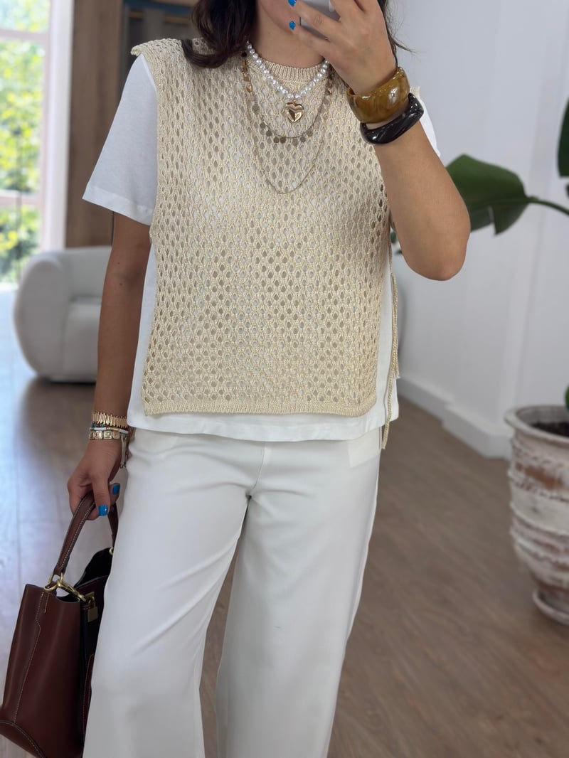 Marka Model Triko Garnili Tshirt - Bej