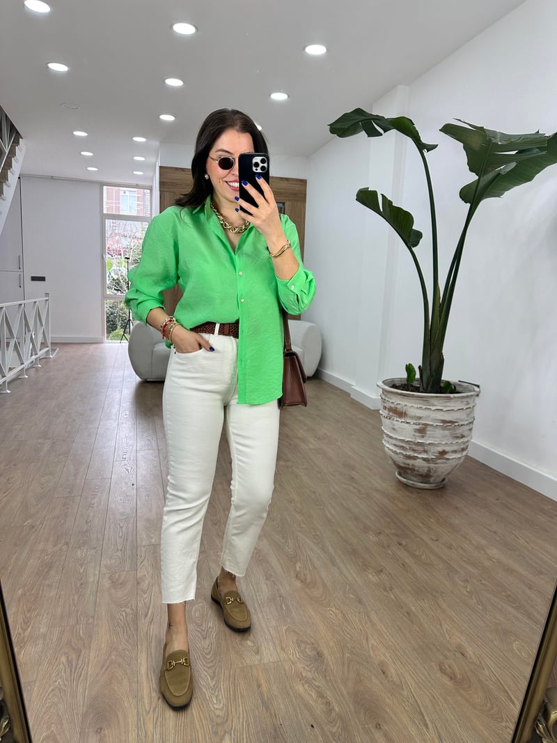 Modal Kumaş Tiril Basic Gömlek-Yeşil