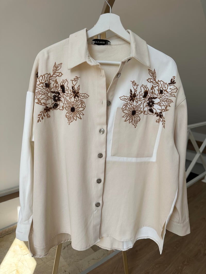 Nakışlı Çift Renk Oversize Gabardin Ceket -Ekru