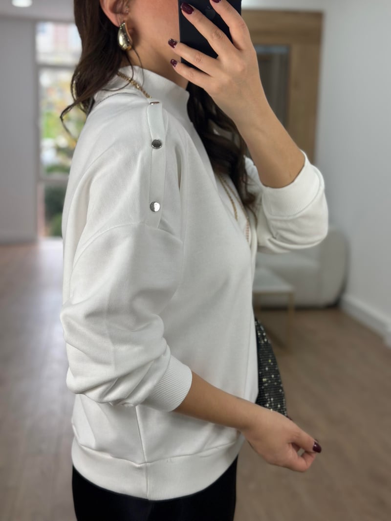 Omzu Çıtçıtlı Basic Sweatshirt-Ekru