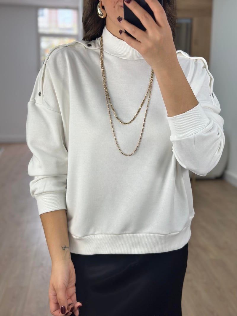 Omzu Çıtçıtlı Basic Sweatshirt-Ekru