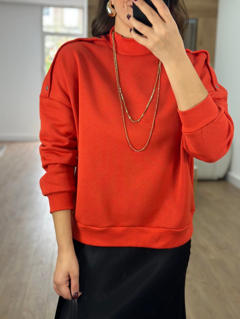 Omzu Çıtçıtlı Basic Sweatshirt-Kırmızı