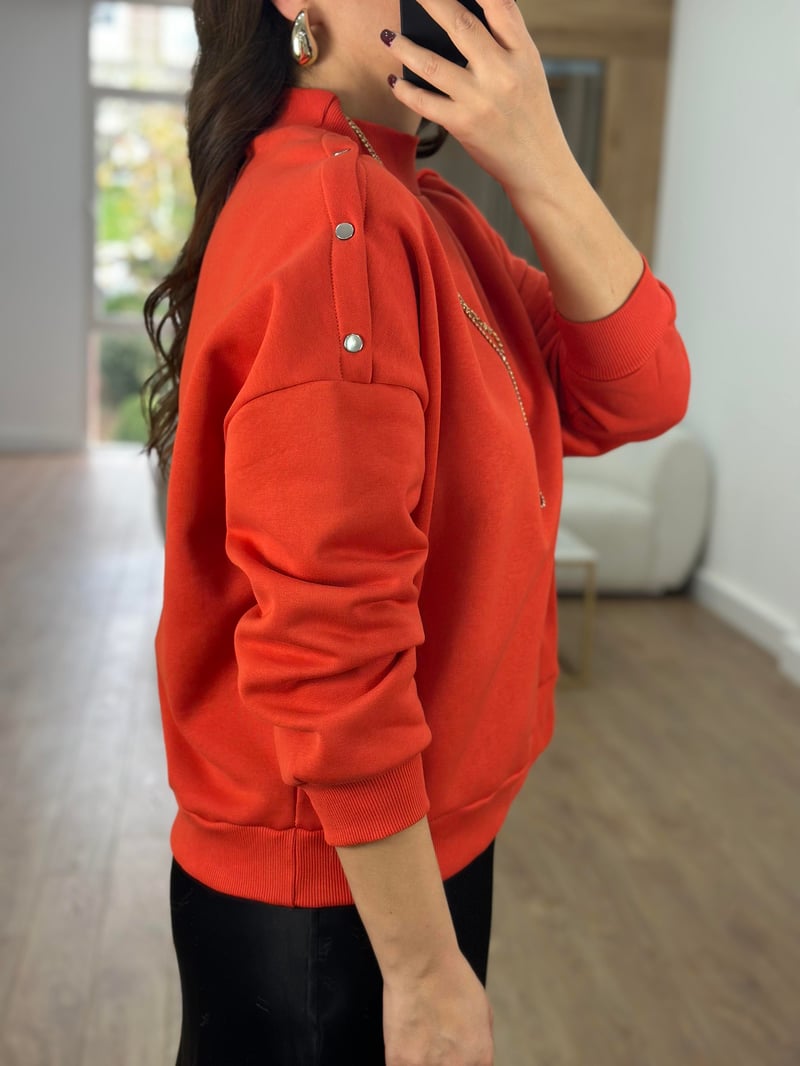 Omzu Çıtçıtlı Basic Sweatshirt-Kırmızı