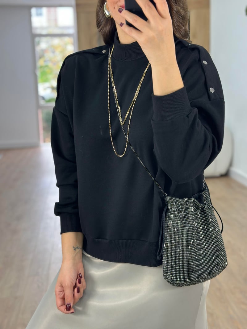 Omzu Çıtçıtlı Basic Sweatshirt-Siyah