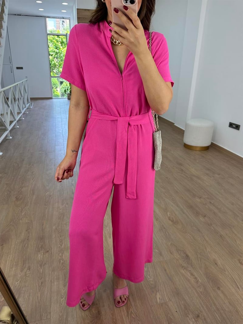 Önden Fermuarlı Marka Model Keten Tulum-Pembe