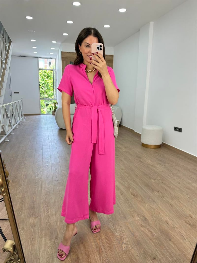 Önden Fermuarlı Marka Model Keten Tulum-Pembe