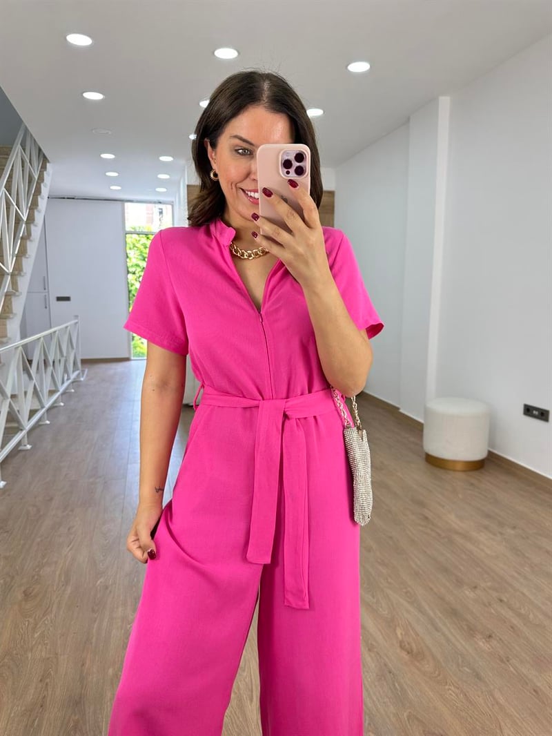 Önden Fermuarlı Marka Model Keten Tulum-Pembe