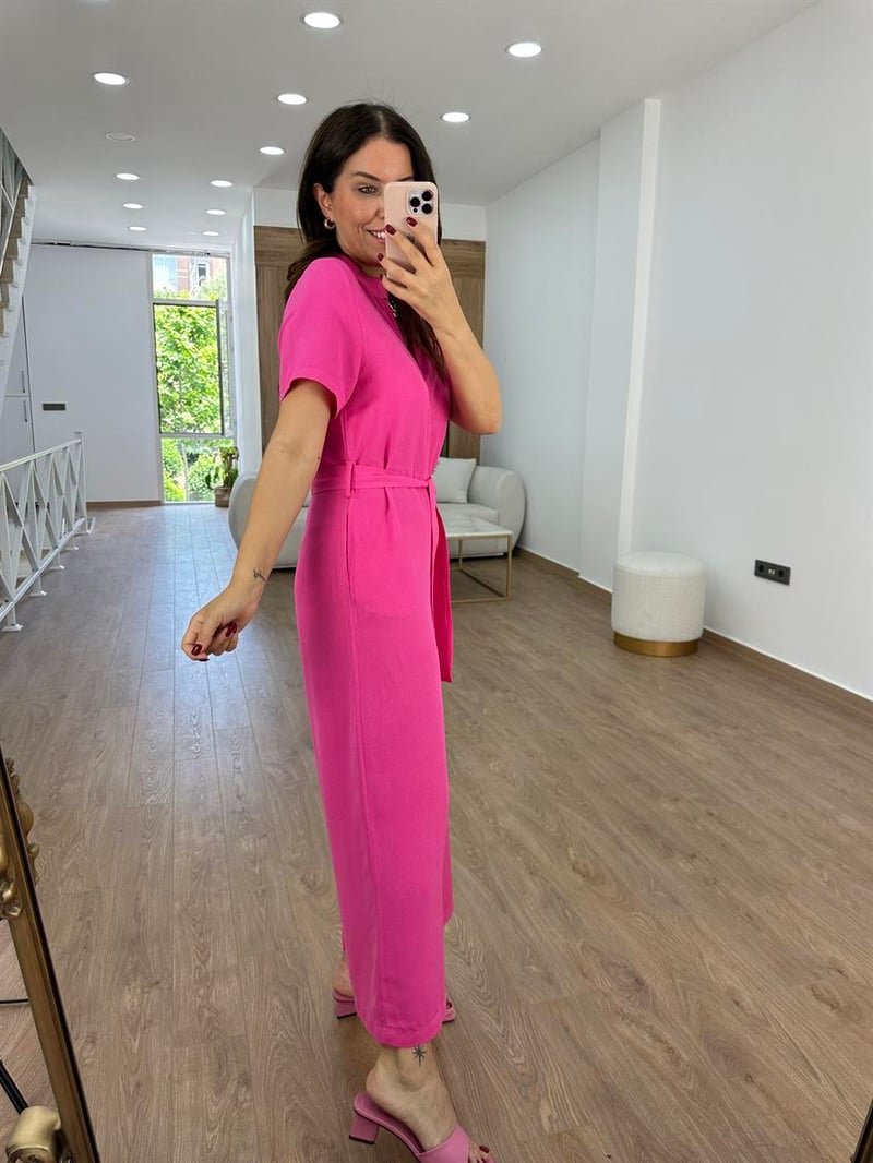 Önden Fermuarlı Marka Model Keten Tulum-Pembe