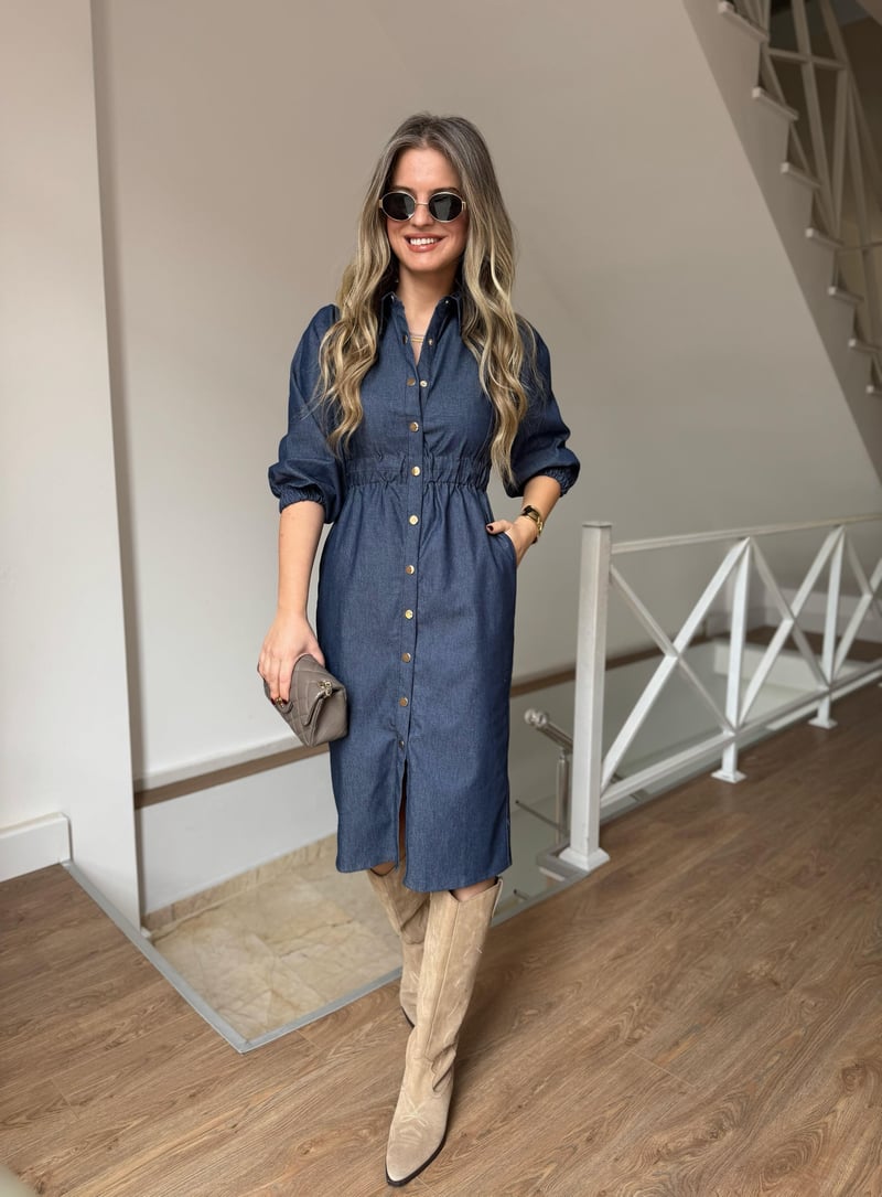Önü Çıtçıtlı Denim Elbise-Mavi