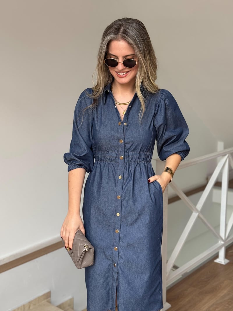 Önü Çıtçıtlı Denim Elbise-Mavi