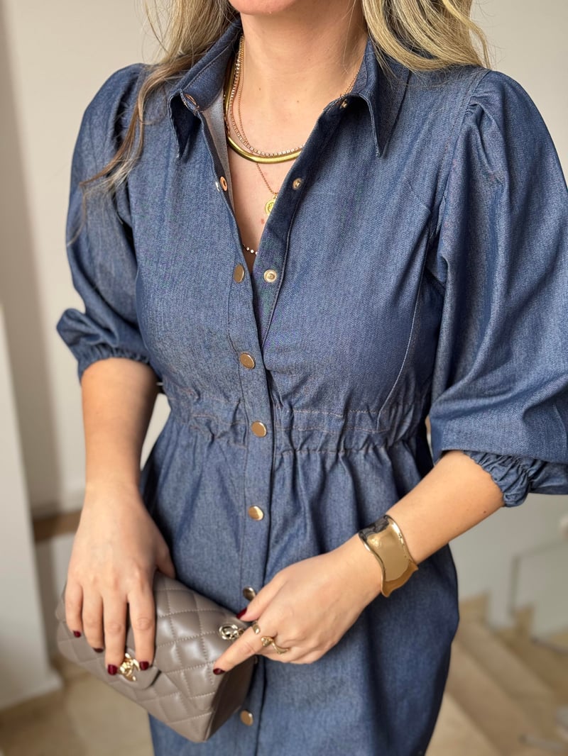 Önü Çıtçıtlı Denim Elbise-Mavi