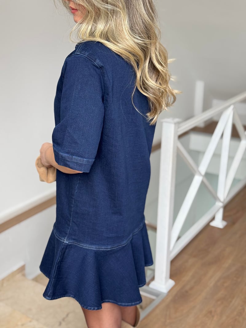 Önü Tokalı Mini Denim Elbise