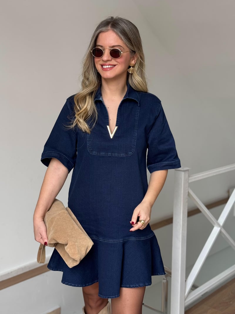 Önü Tokalı Mini Denim Elbise
