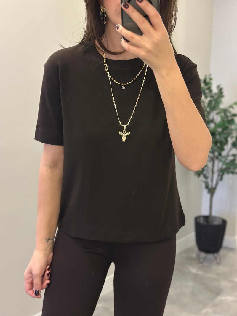 Orijinal Marka Bisiklet Yaka Basic Tshirt - Kahverengi