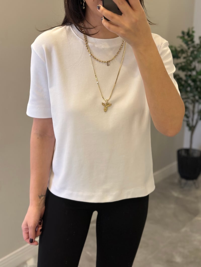 Orijinal Marka Bisiklet Yaka Basic Tshirt - Beyaz
