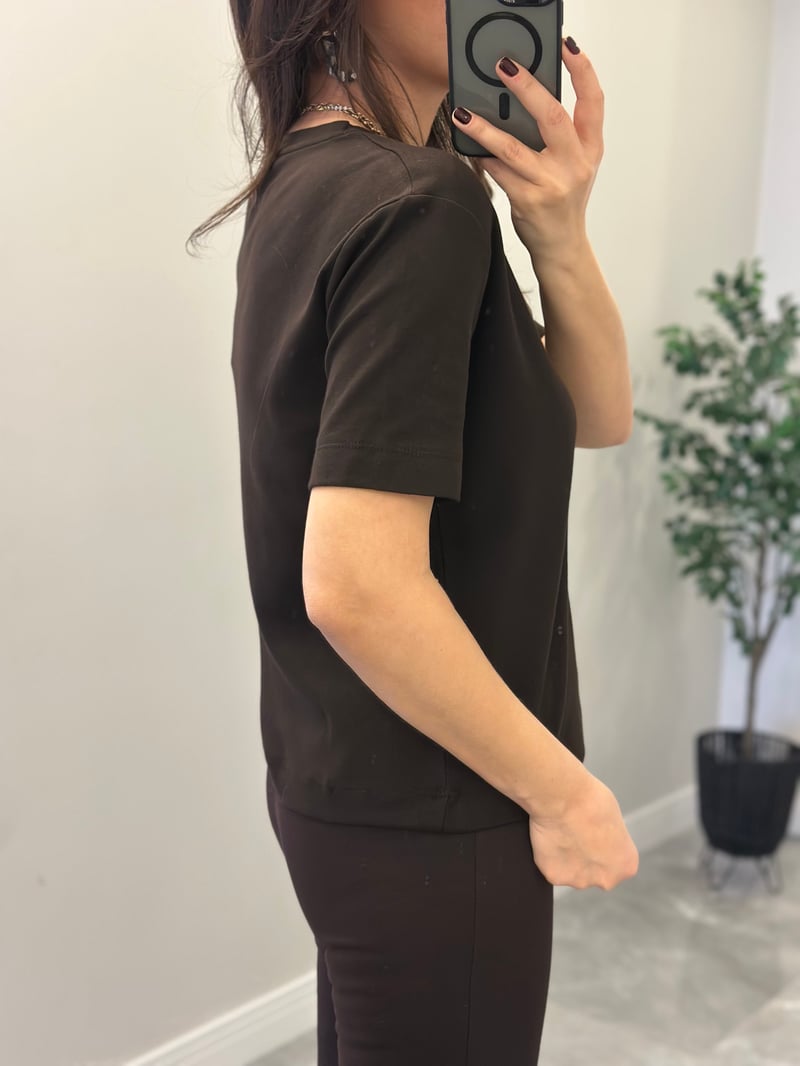 Orijinal Marka Bisiklet Yaka Basic Tshirt - Kahverengi