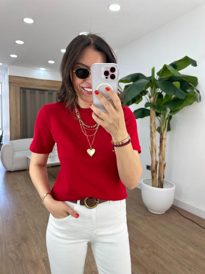 Orijinal Marka Bisiklet Yaka Tshirt - Kırmızı