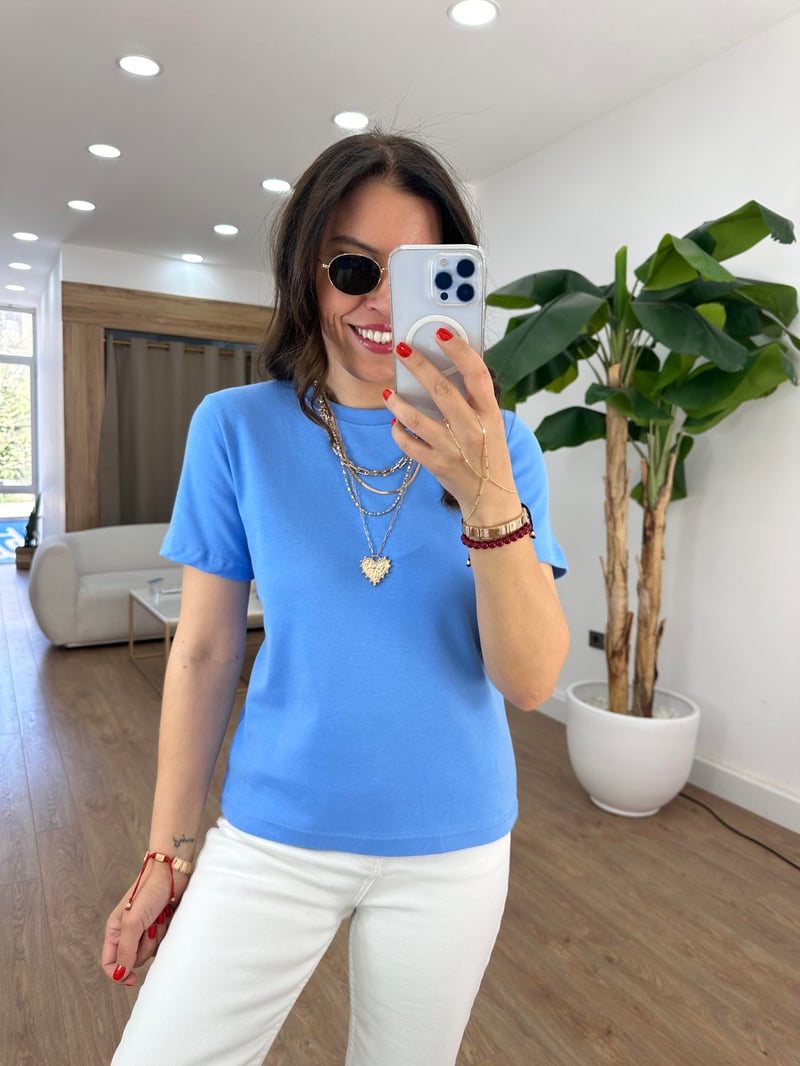 Orijinal Marka Bisiklet Yaka Tshirt - Mavi