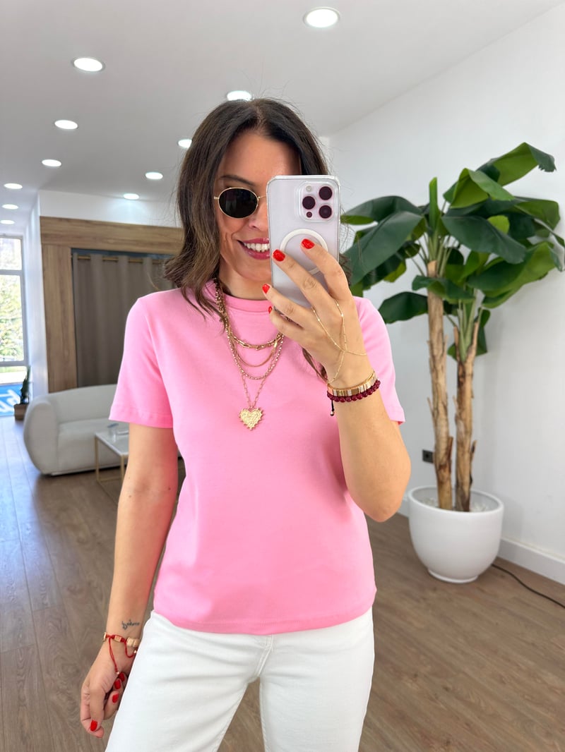 Orijinal Marka Bisiklet Yaka Tshirt - Pembe