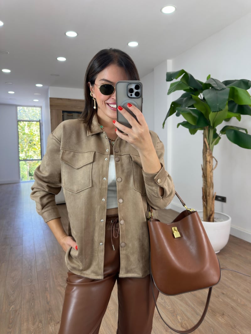 Orijinal Marka Çıtçıtlı Süet Gömlek - Bej