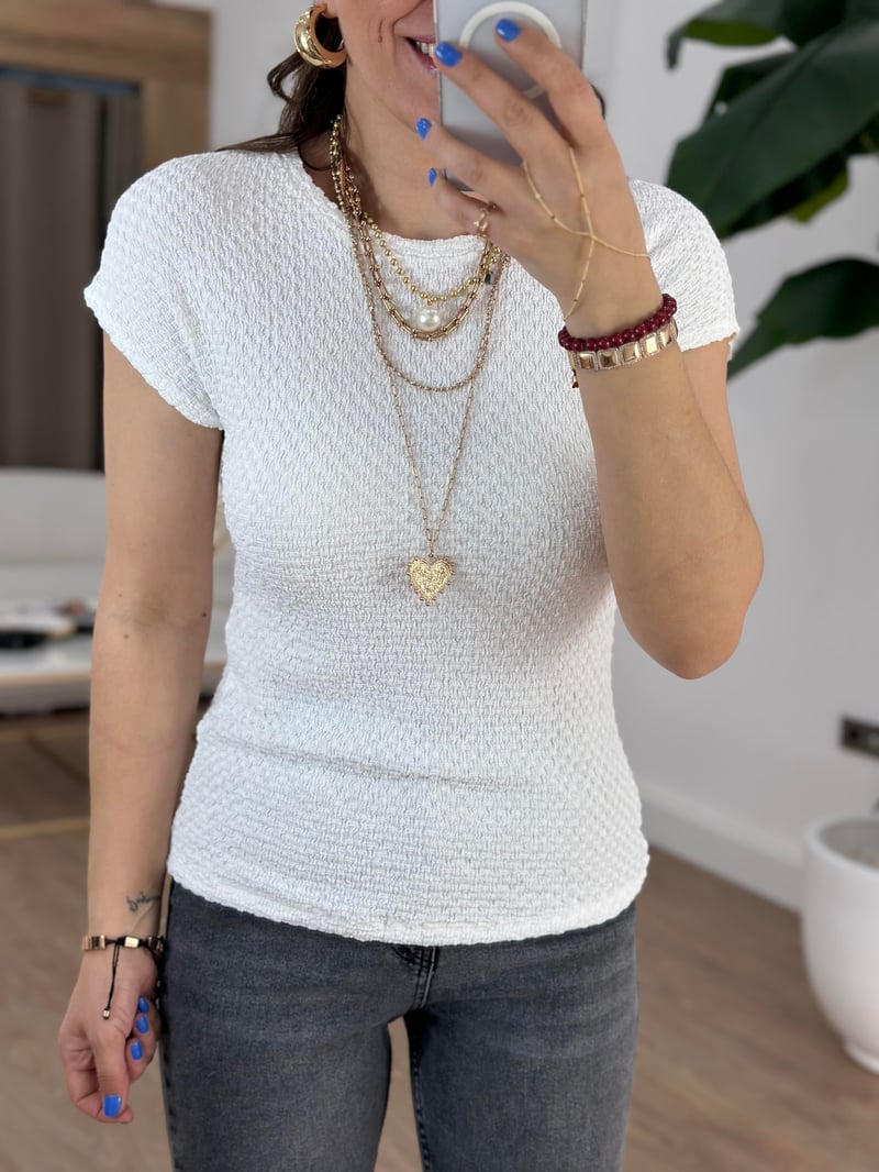 Orijinal Marka Kendinden Desenli Tshirt - Beyaz