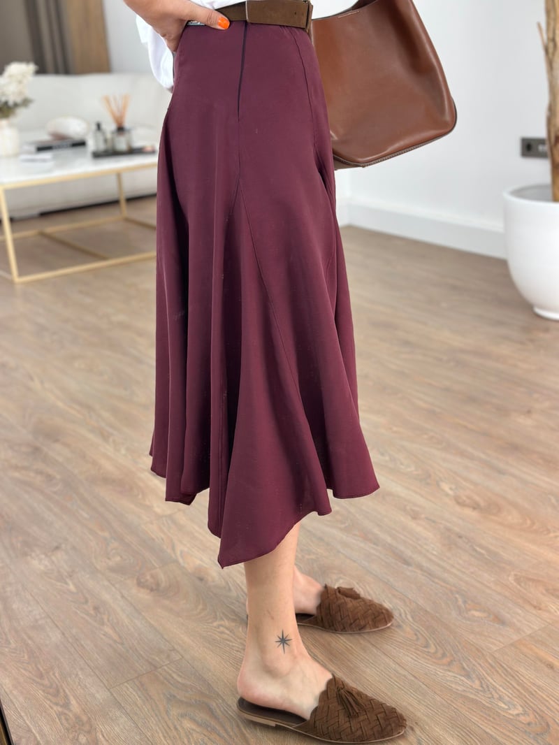Orijinal Marka Keten Midi Etek - Bordo