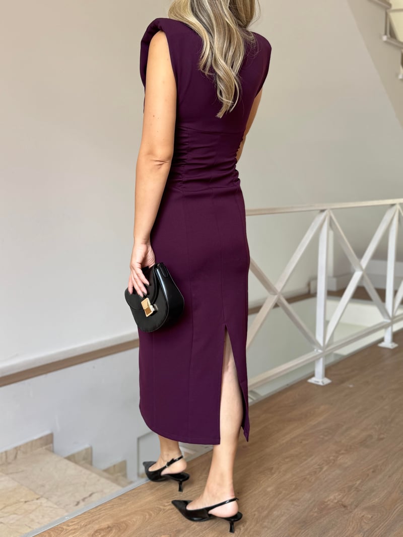 Orijinal Model Beli Drapeli Midi Elbise - Mürdüm