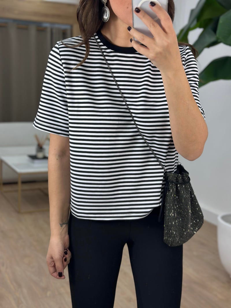 Orjinal Marka Çizgili Kısa Kollu Basic Tshirt - Siyah