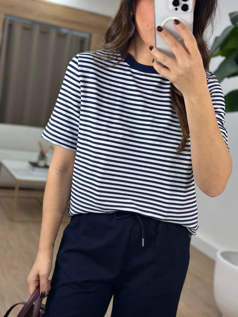 Orjinal Marka Çizgili Kısa Kollu Basic Tshirt - Lacivert