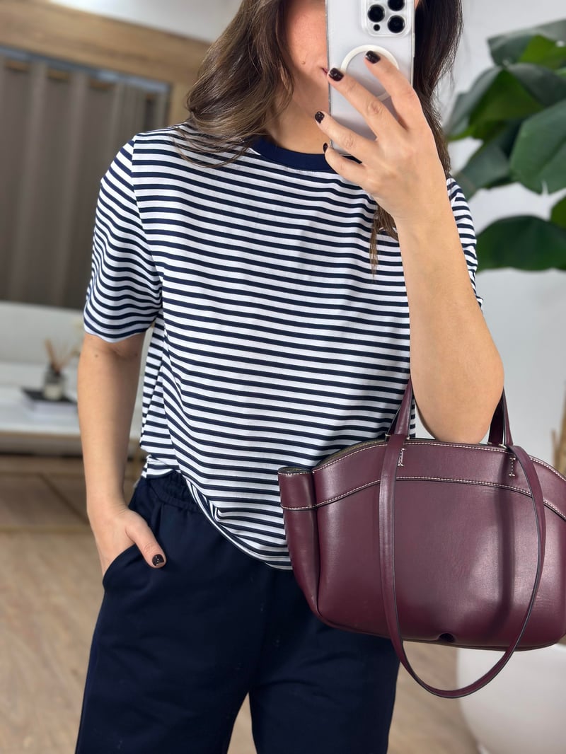 Orjinal Marka Çizgili Kısa Kollu Basic Tshirt - Lacivert