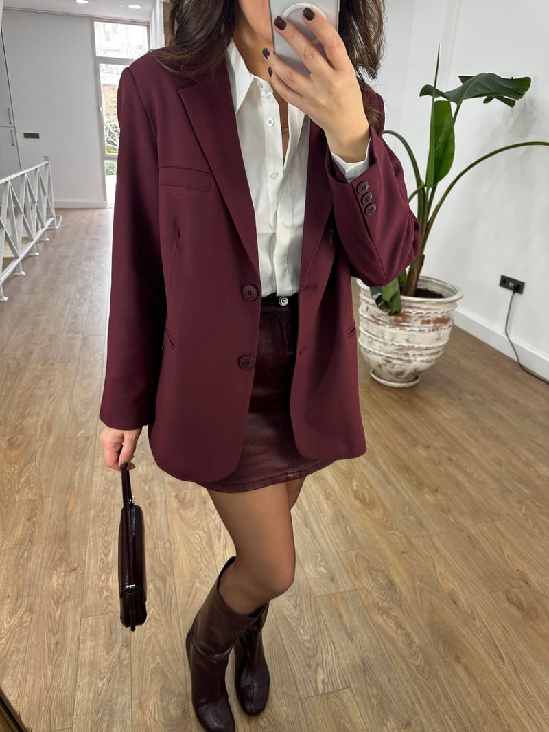 Oversize Cep Detaylı Blazzer Ceket - Bordo