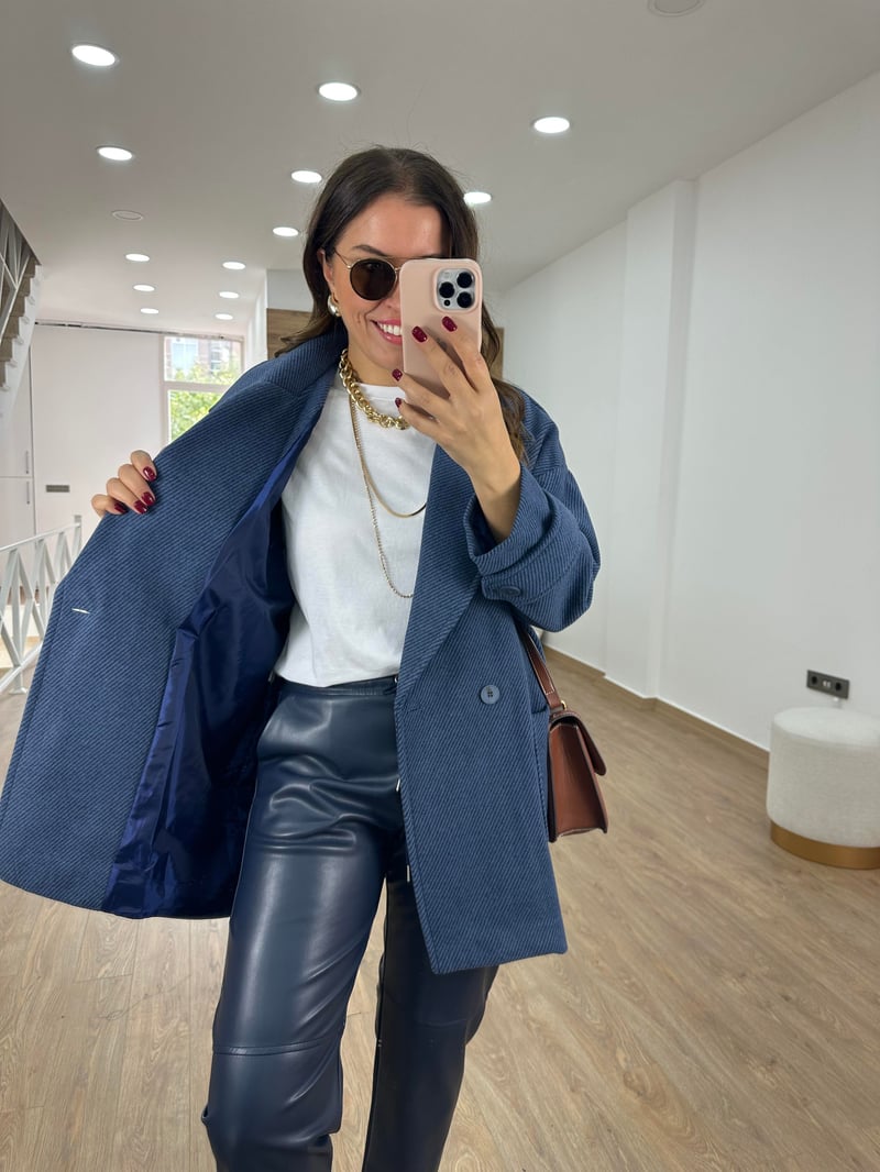 Oversize Kırçıllı Kaban-Lacivert