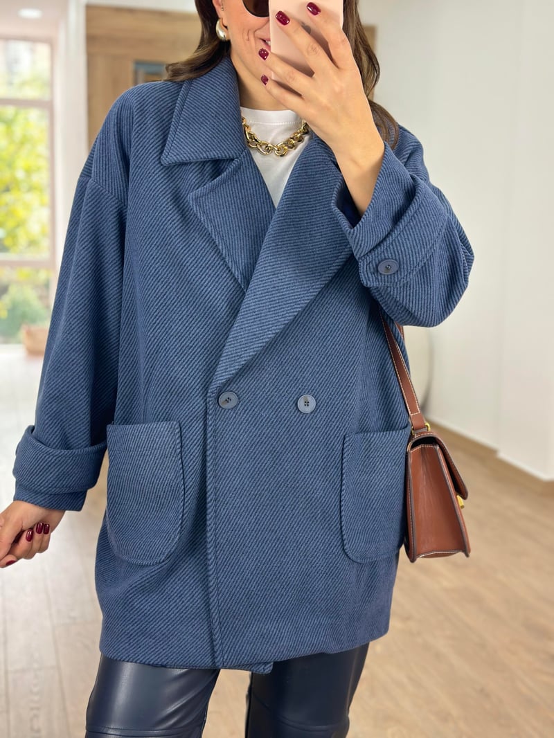 Oversize Kırçıllı Kaban-Lacivert