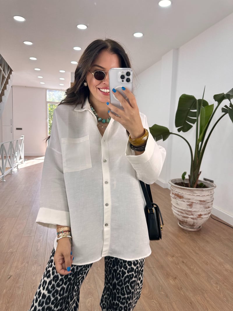 Oversize Yarım Kol Keten Gömlek - Beyaz