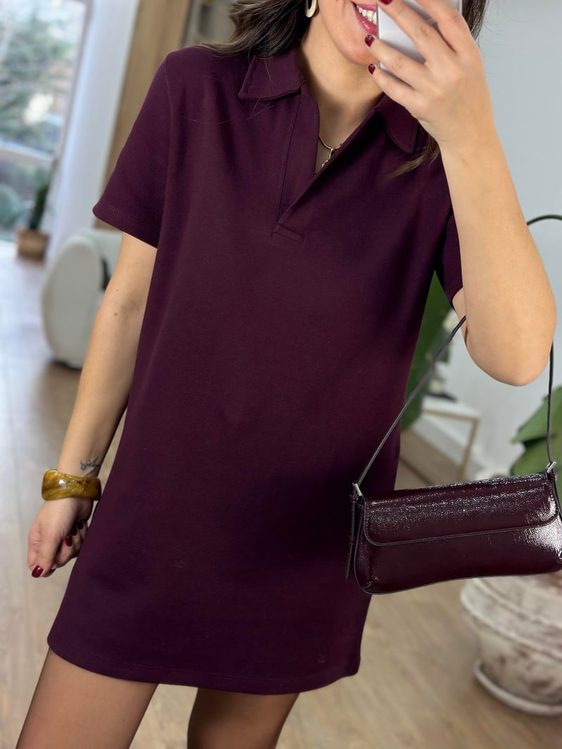 Polo Yaka Basic Mini Elbise - Bordo