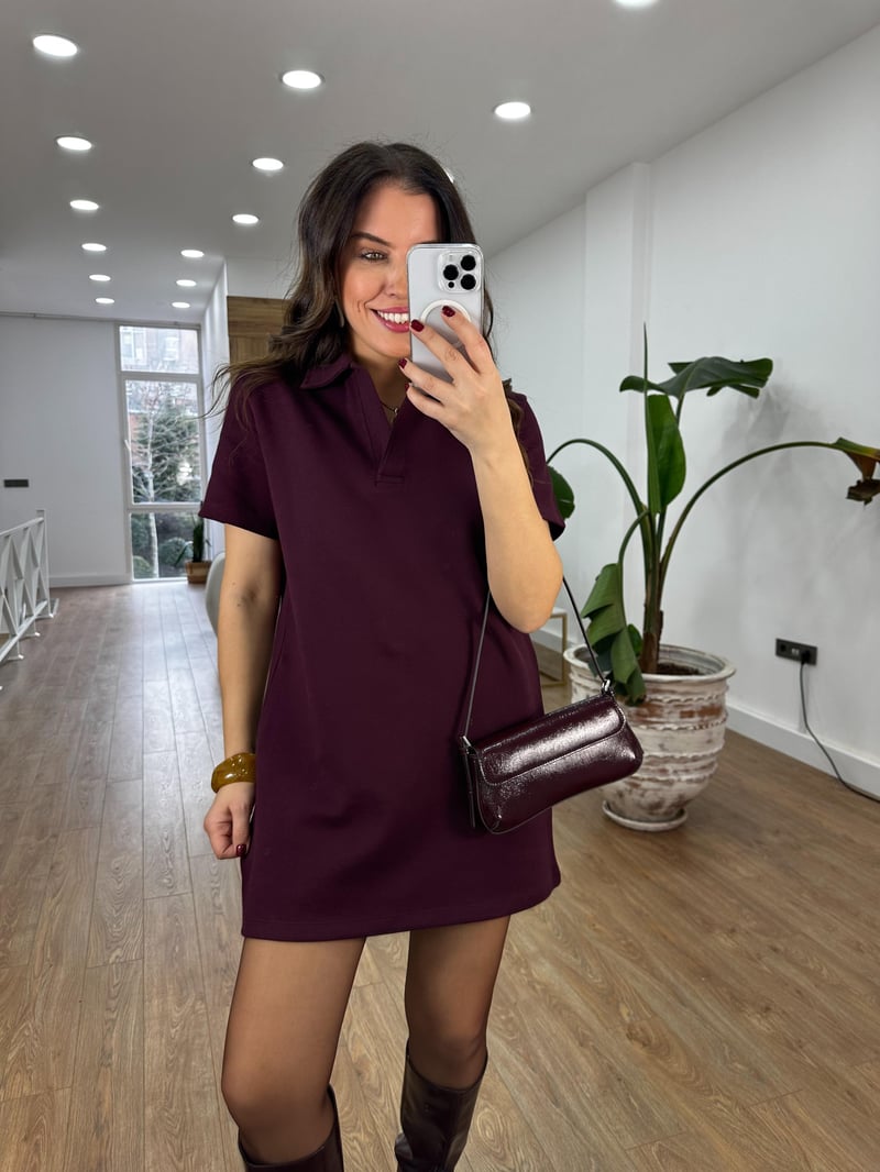 Polo Yaka Basic Mini Elbise - Bordo