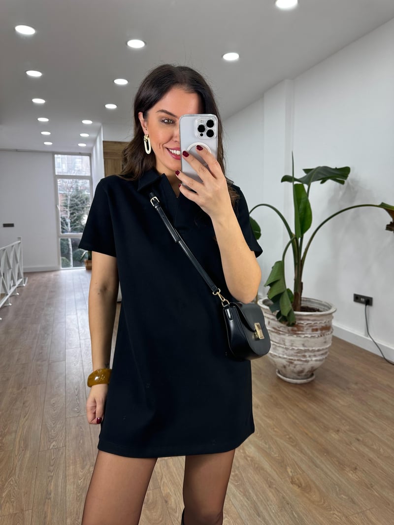 Polo Yaka Basic Mini Elbise - Siyah