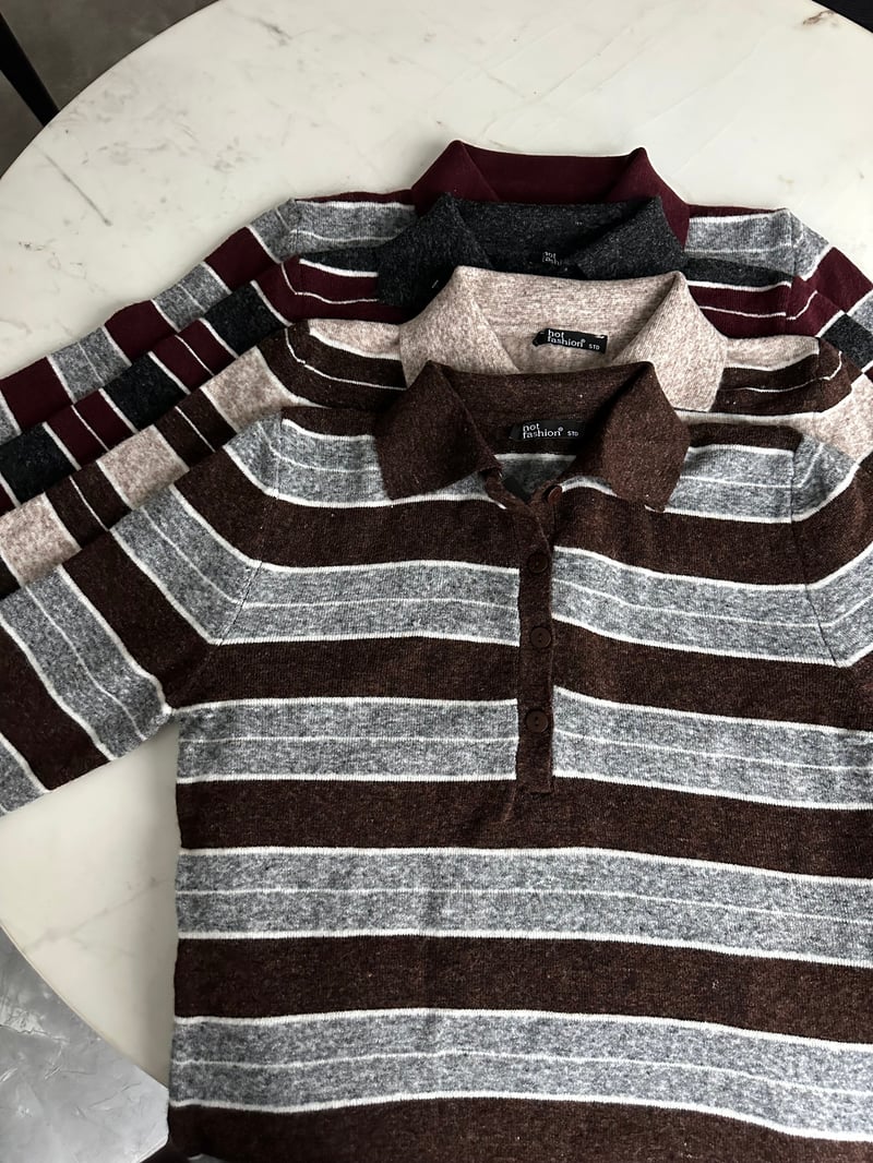 Polo Yaka Çizgili Basic Triko - Füme/Bordo