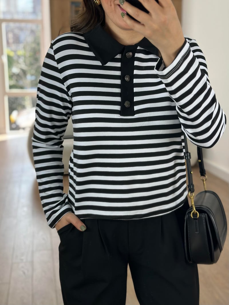 Polo Yaka Çizgili Sweatshirt
