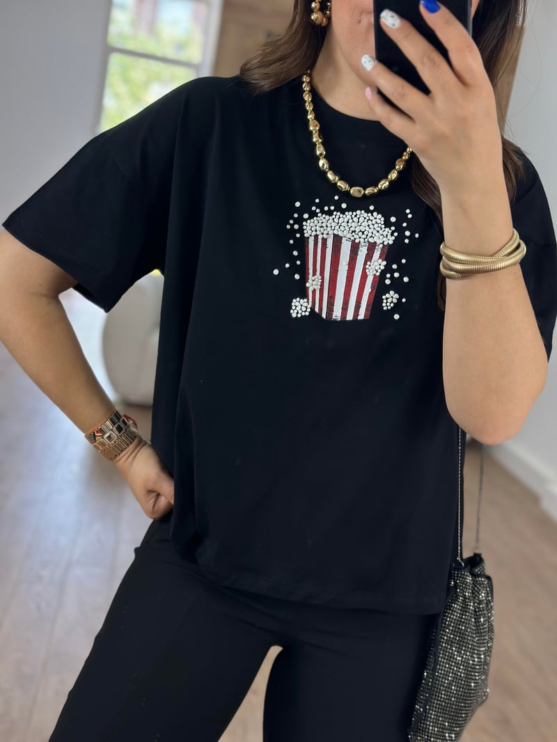 Popcorn Baskılı Tişört-Siyah