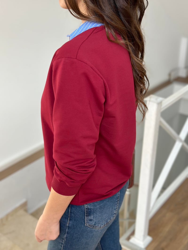 Poplin Garnili Polo Yaka Sweatshirt - Bordo