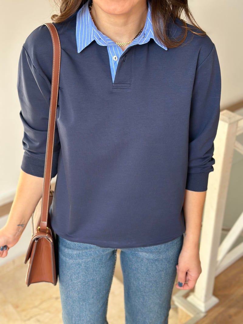 Poplin Garnili Polo Yaka Sweatshirt - Lacivert