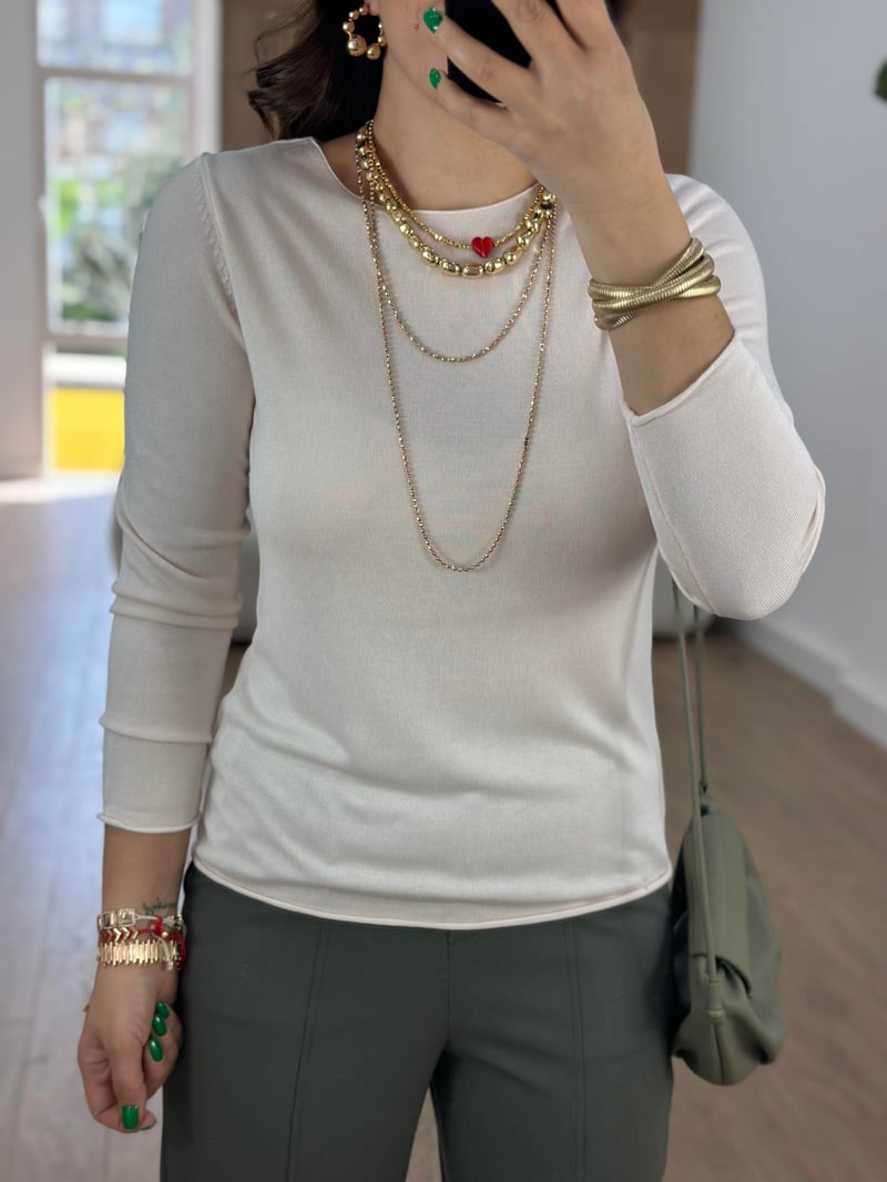 Premium Kalite Bisiklet Yaka Basic Triko-Krem