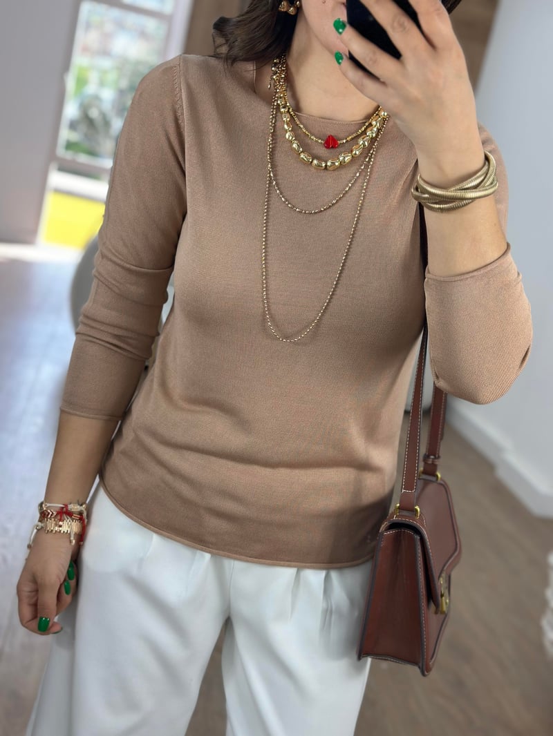 Premium Kalite Bisiklet Yaka Basic Triko-Bej