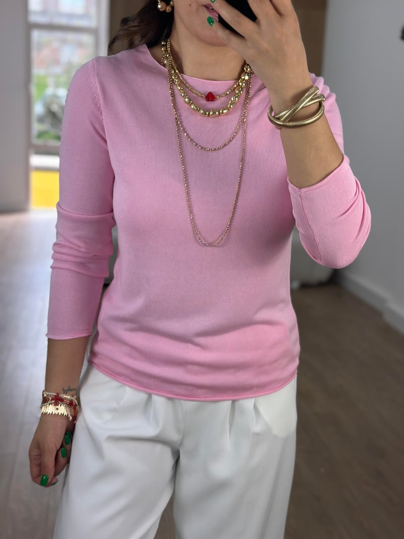 Premium Kalite Bisiklet Yaka Basic Triko-Pembe