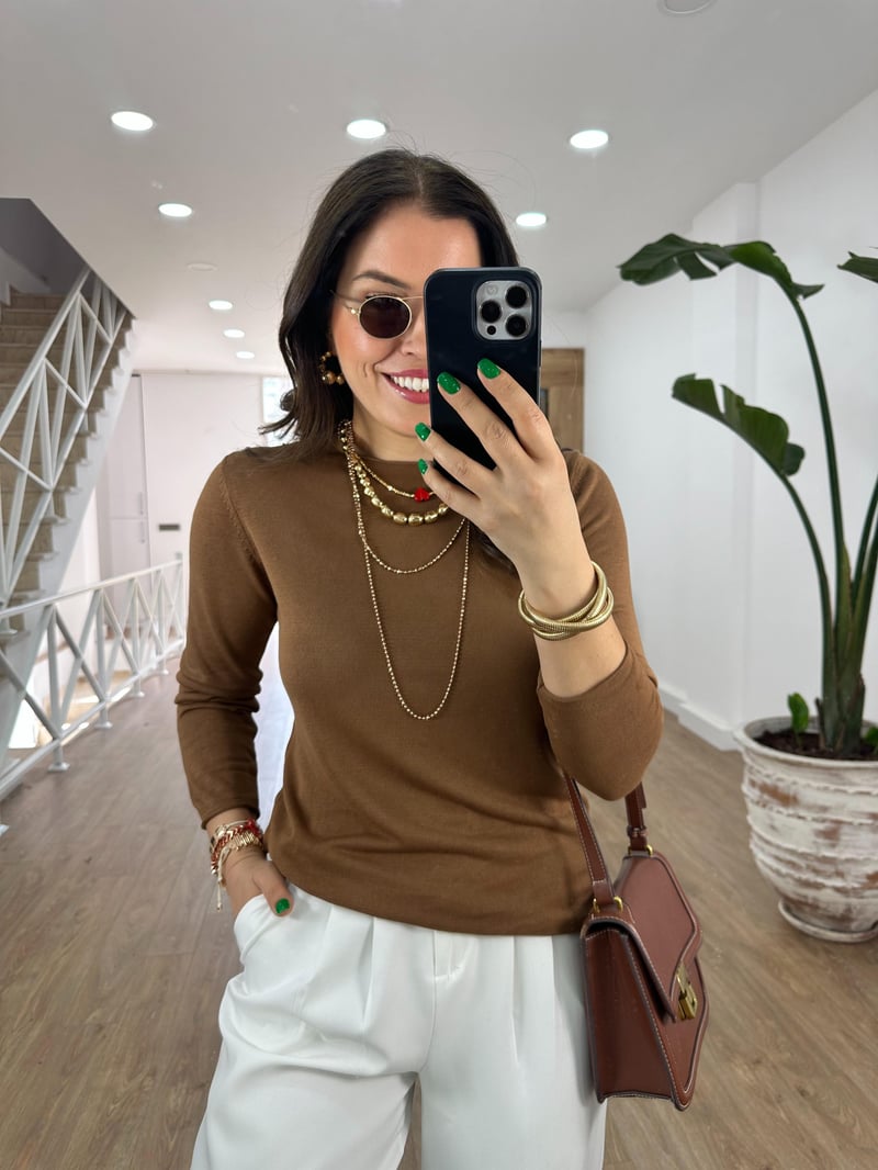 Premium Kalite Bisiklet Yaka Basic Triko-Kahverengi