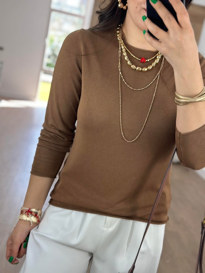 Premium Kalite Bisiklet Yaka Basic Triko-Kahverengi