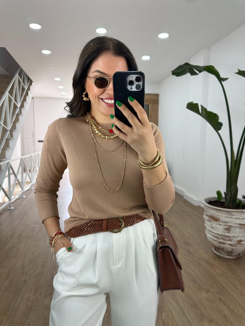 Premium Kalite Bisiklet Yaka Basic Triko-Bej