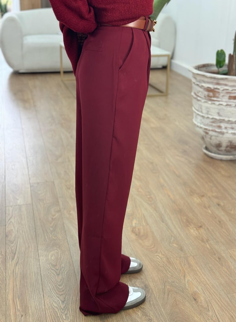 Premium Seri Tek Pile Palazzo Pantolon - Bordo